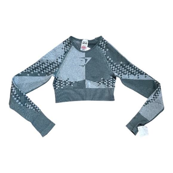 Gymshark Gray Seamless Long Sleeve Crop Top W. Keyhole Arms & Open Back Sz S NWT - Picture 2 of 5